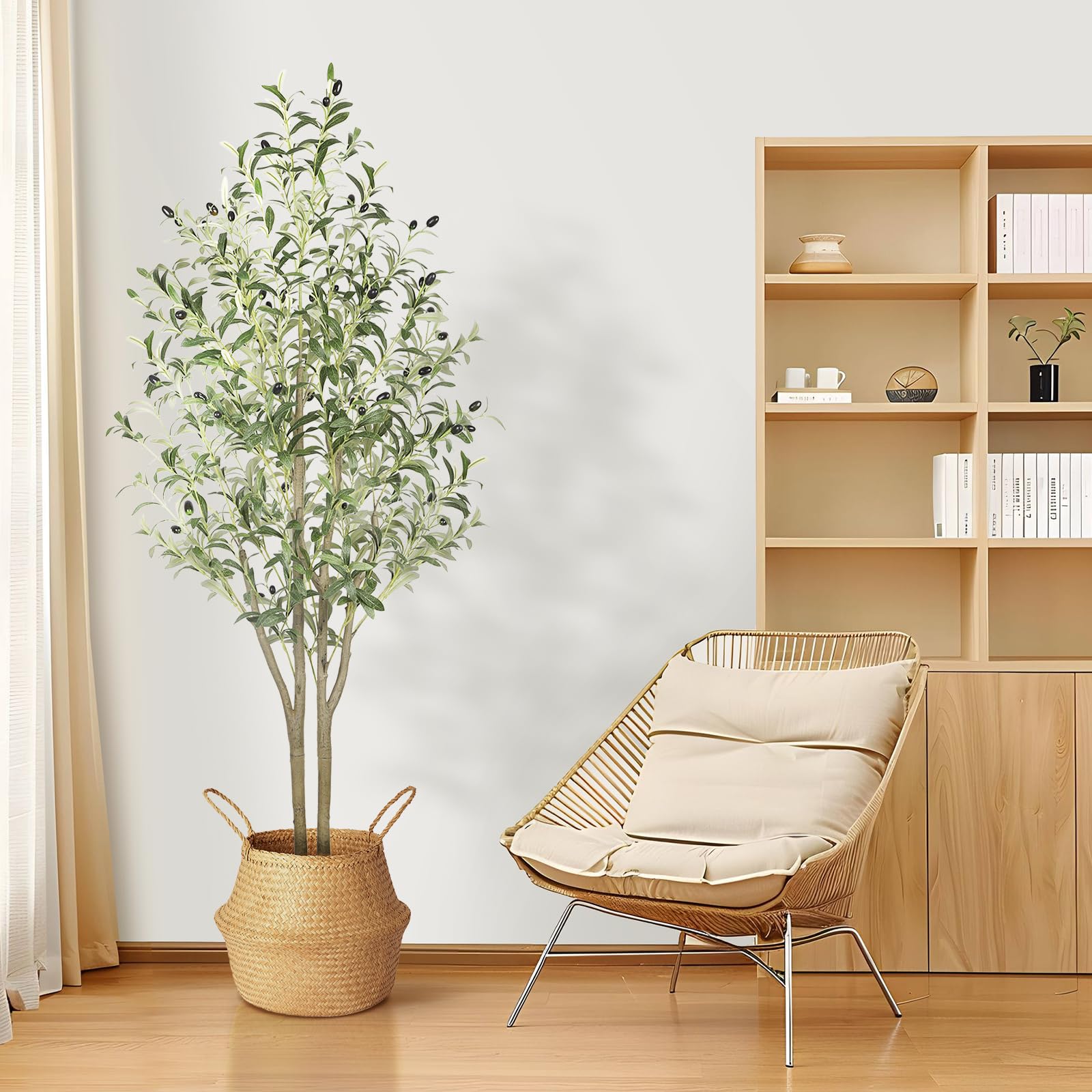Tall 5ft artificial olive tree with lifelike green leaves and black olives in a woven wicker basket for indoor outdoor use