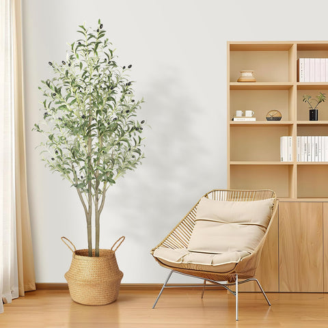 Tall 5ft artificial olive tree with lifelike green leaves and black olives in a woven wicker basket for indoor outdoor use