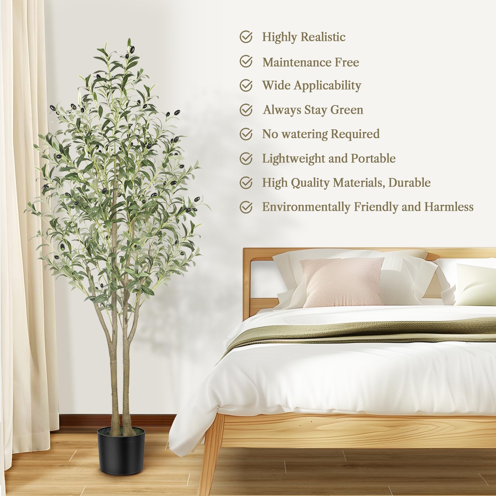 5ft artificial olive tree with lifelike green leaves and black olives in a sleek black pot for indoor outdoor use