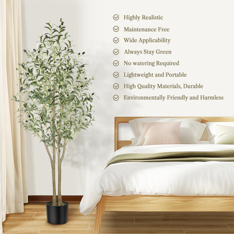 5ft artificial olive tree with lifelike green leaves and black olives in a sleek black pot for indoor outdoor use