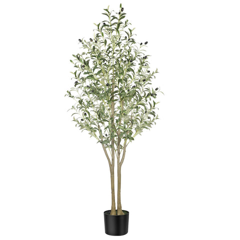 Tall artificial olive tree with slender branches green leaves and dark olives in a sleek black pot for indoor outdoor use