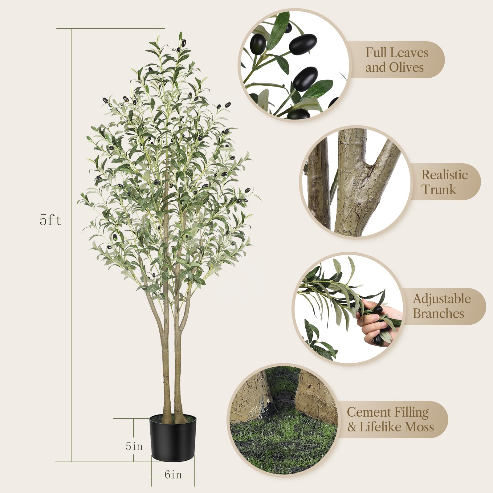 Alupssuc 5ft artificial olive tree with lifelike green leaves black olives textured trunk in sleek black pot for indoor outdoor use