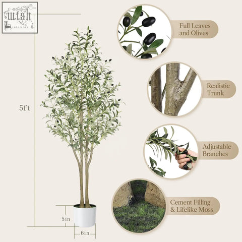 Five foot tall artificial olive tree with lifelike green leaves black olives natural wood trunk in white pot