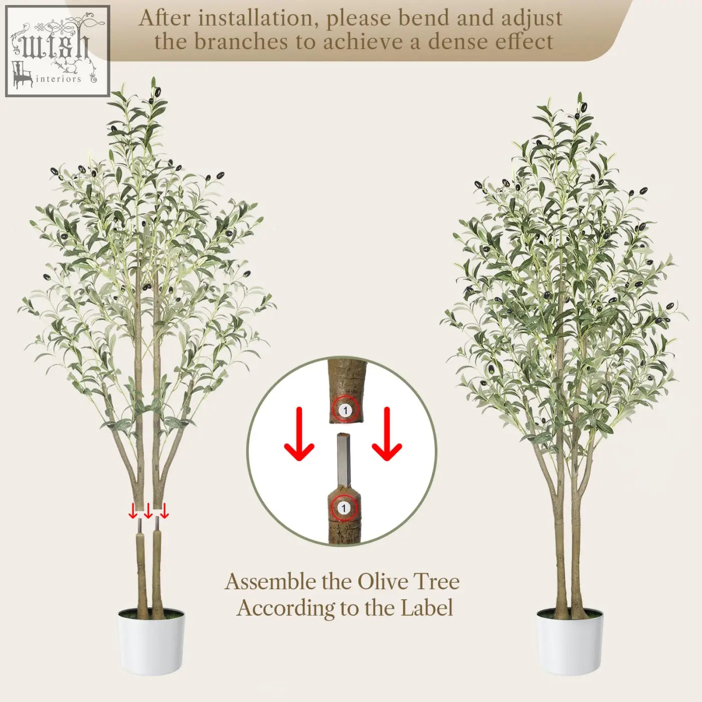 Artificial olive tree with green leaves and black olives in a white pot with a natural brown wood trunk