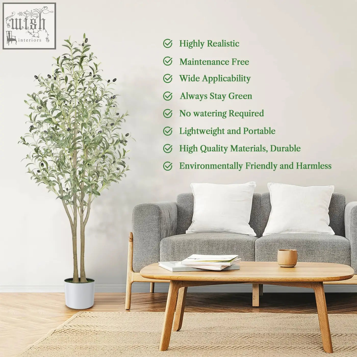 Tall lifelike artificial olive tree with green leaves and dark olives in white pot perfect for indoor outdoor use
