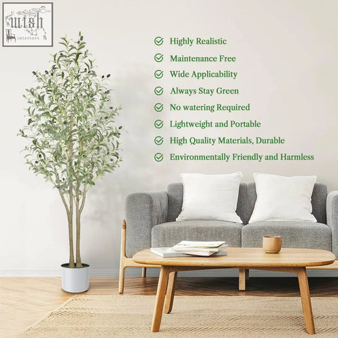 Tall lifelike artificial olive tree with green leaves and dark olives in white pot perfect for indoor outdoor use