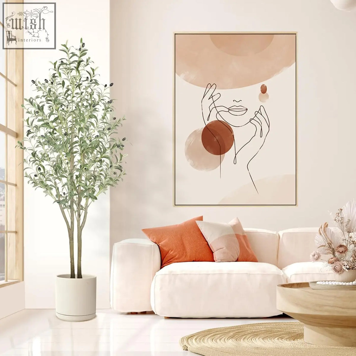 Tall artificial olive tree with lifelike fruits and natural wood trunk in a sleek white pot for indoor outdoor use