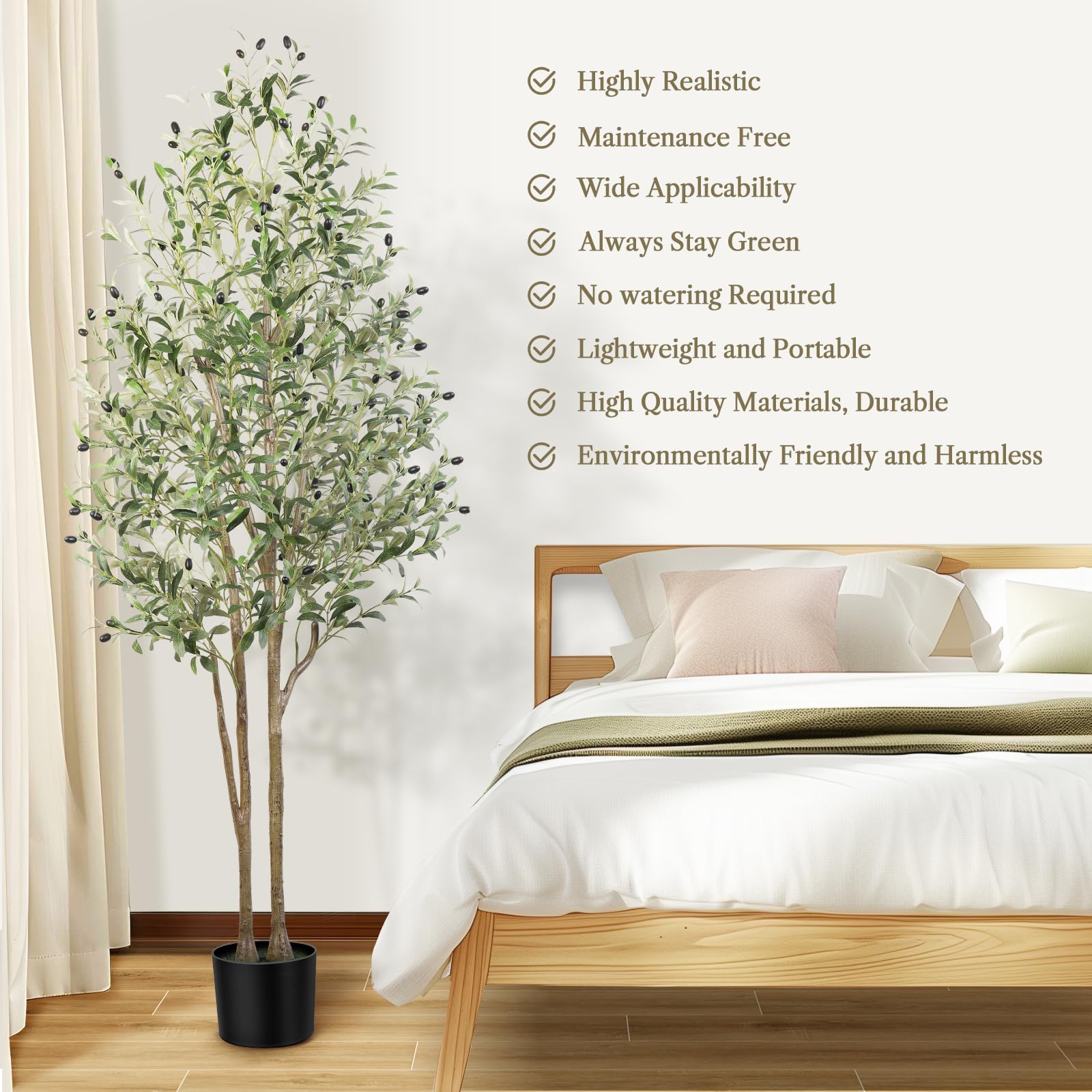 Tall lifelike artificial olive tree with green leaves and dark olives in black pot perfect for indoor outdoor use