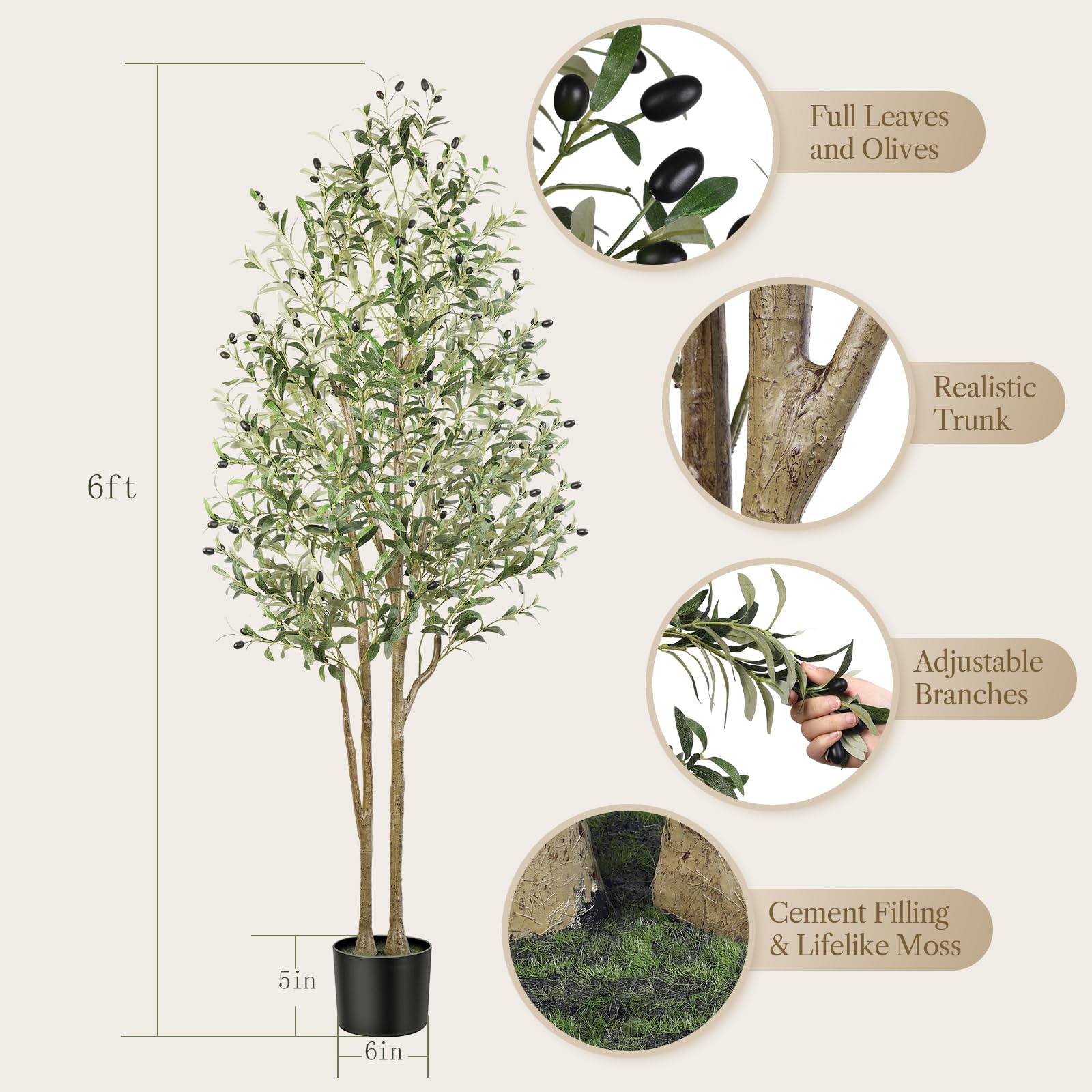 Alupssuc 6ft artificial olive tree with realistic brown trunk green leaves and black olives in black pot for indoor outdoor use