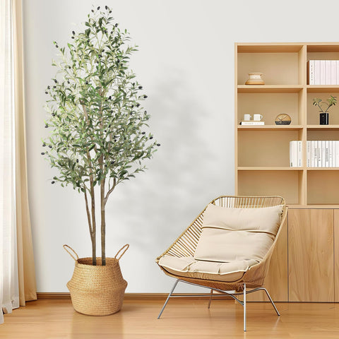 Alupssuc 6ft artificial olive tree with lifelike green leaves and dark olives in a woven wicker basket for indoor outdoor use