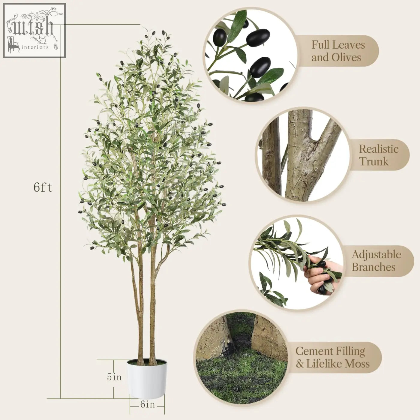 Six foot tall faux olive tree with realistic green leaves black olives textured natural wood trunk in white pot