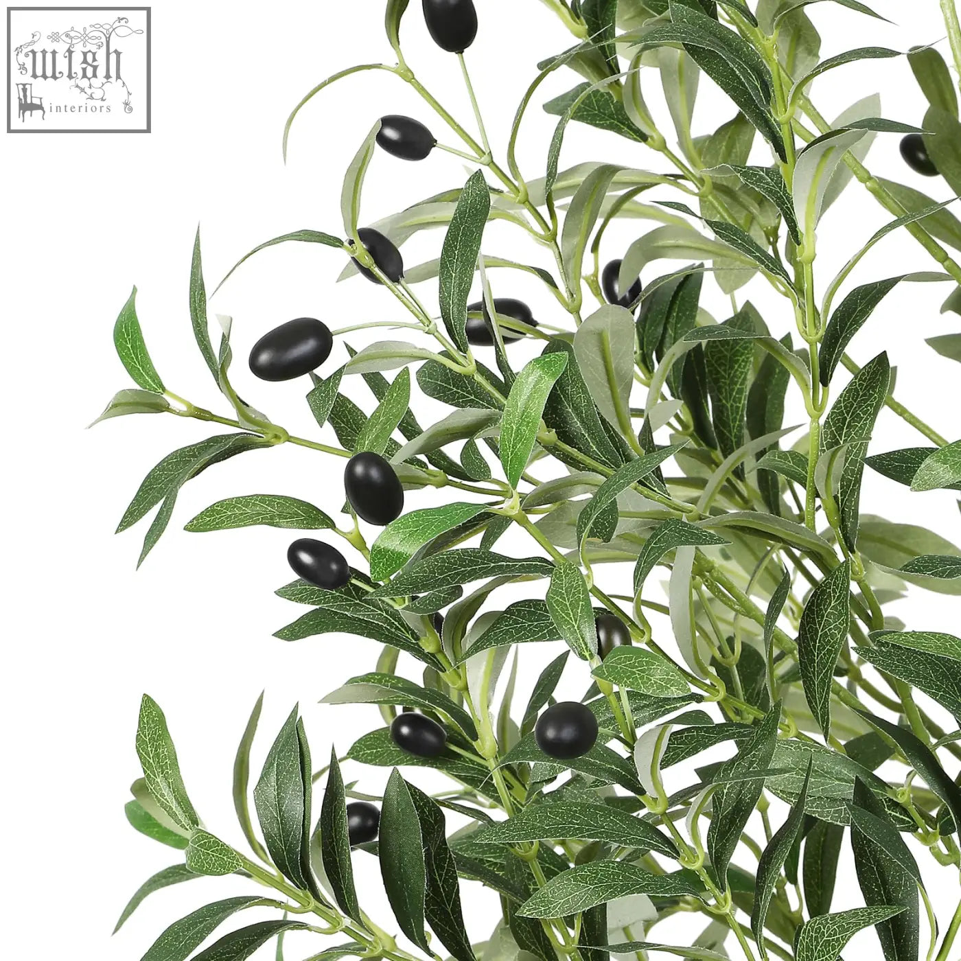 Artificial olive tree with glossy black faux olives and detailed green leaves in a white pot perfect for indoor use
