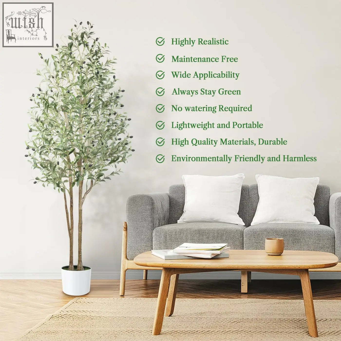 Tall faux olive tree with green leaves dark olives natural wood trunk in a white pot for indoor outdoor use