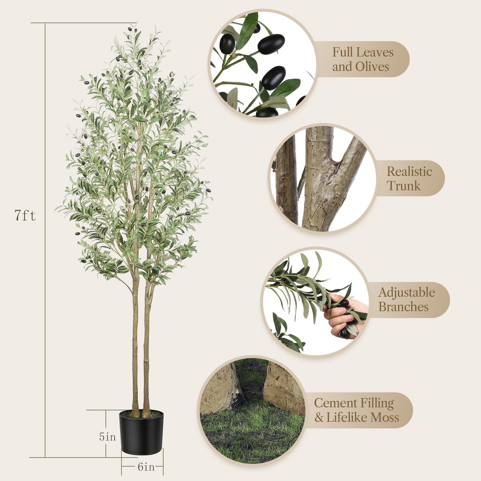 Seven-foot artificial olive tree with realistic brown trunk green leaves and black olives in a black pot for indoor outdoor use