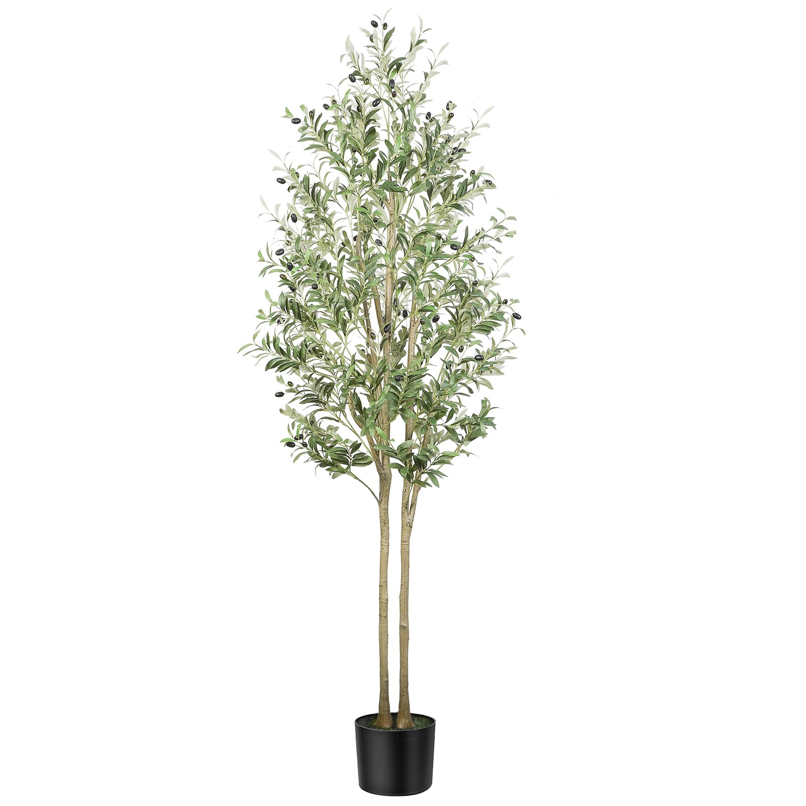 Tall artificial olive tree with slender light brown trunks and lush green leaves dotted with dark olives in black pot
