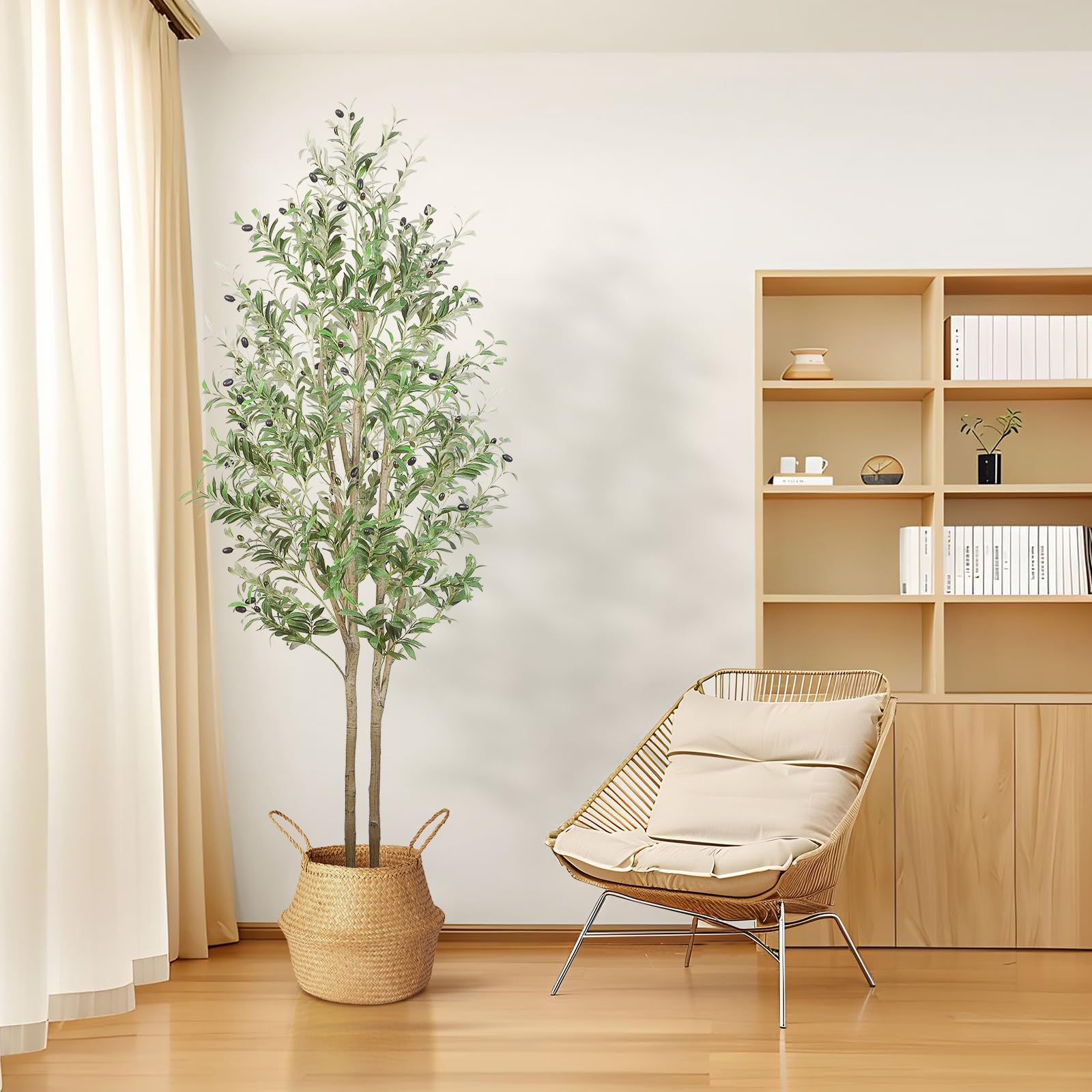 Tall artificial olive tree with lifelike green leaves and dark olives in woven wicker basket for indoor outdoor use