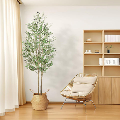 Tall artificial olive tree with lifelike green leaves and dark olives in woven wicker basket for indoor outdoor use