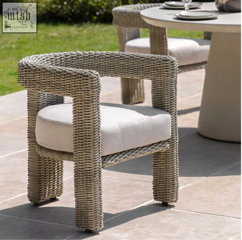 Beige woven wicker alva chair x 2 with white cushioned seats and sturdy material steel frame