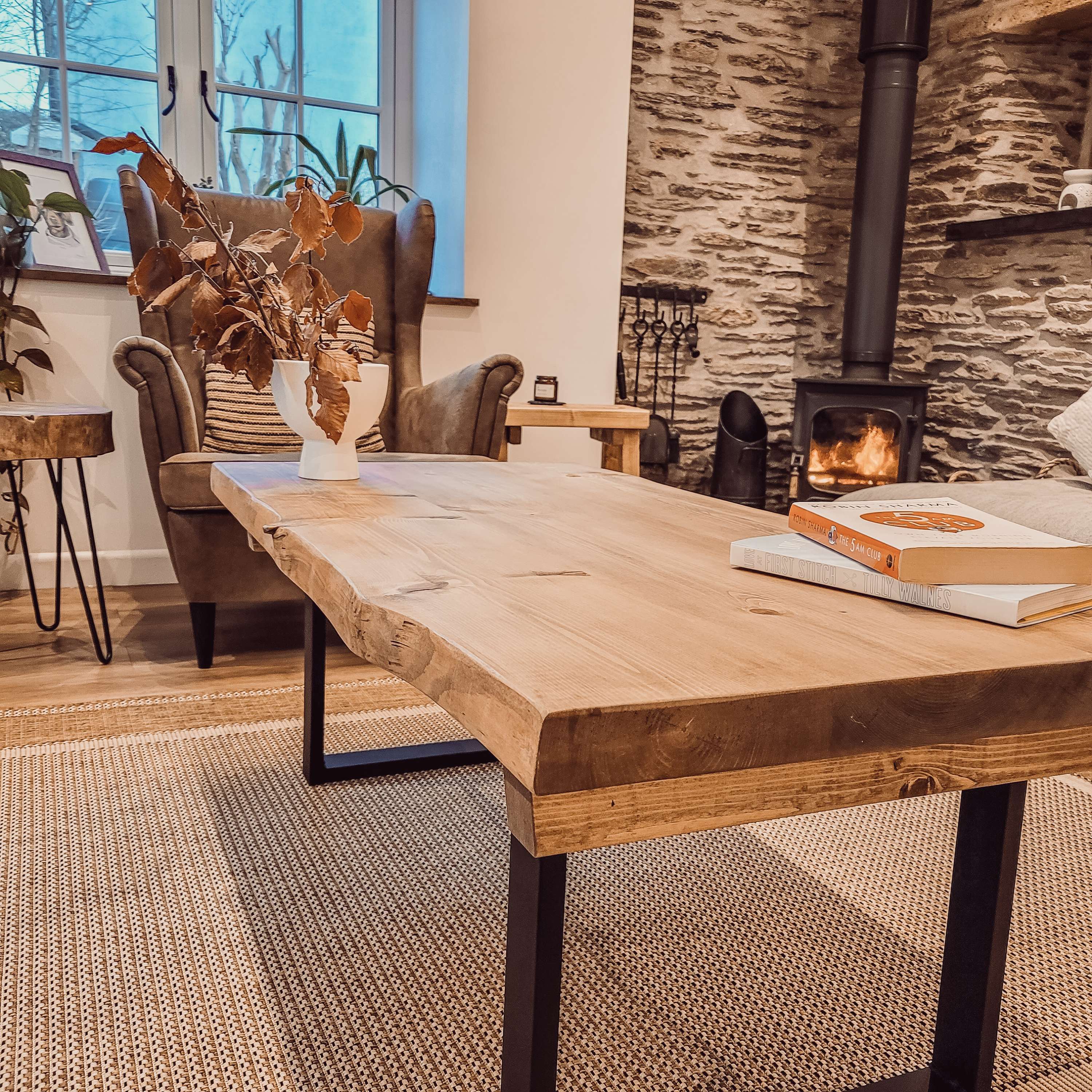 Rustic wooden alva waney edge coffee table with live-edge top and black metal square legs for stylish living rooms