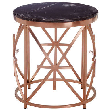 Alvaro black marble side table with rose gold metal frame and geometric lattice design on black marble top