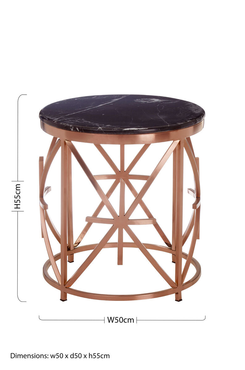 Alvaro black marble side table with rose gold metal frame and sleek black marble top for stylish living spaces