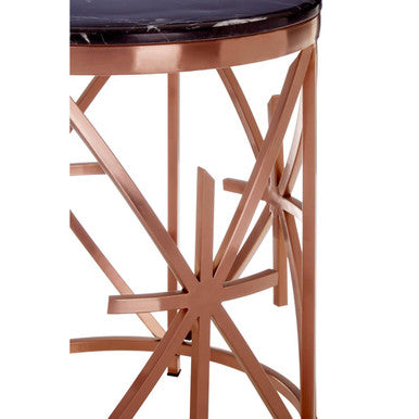 A sleek alvaro black marble side table with a rose gold geometric metal frame and dark polished marble top
