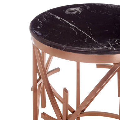 Alvaro black marble and rose gold side table with black marble top and geometric rose gold metal frame legs