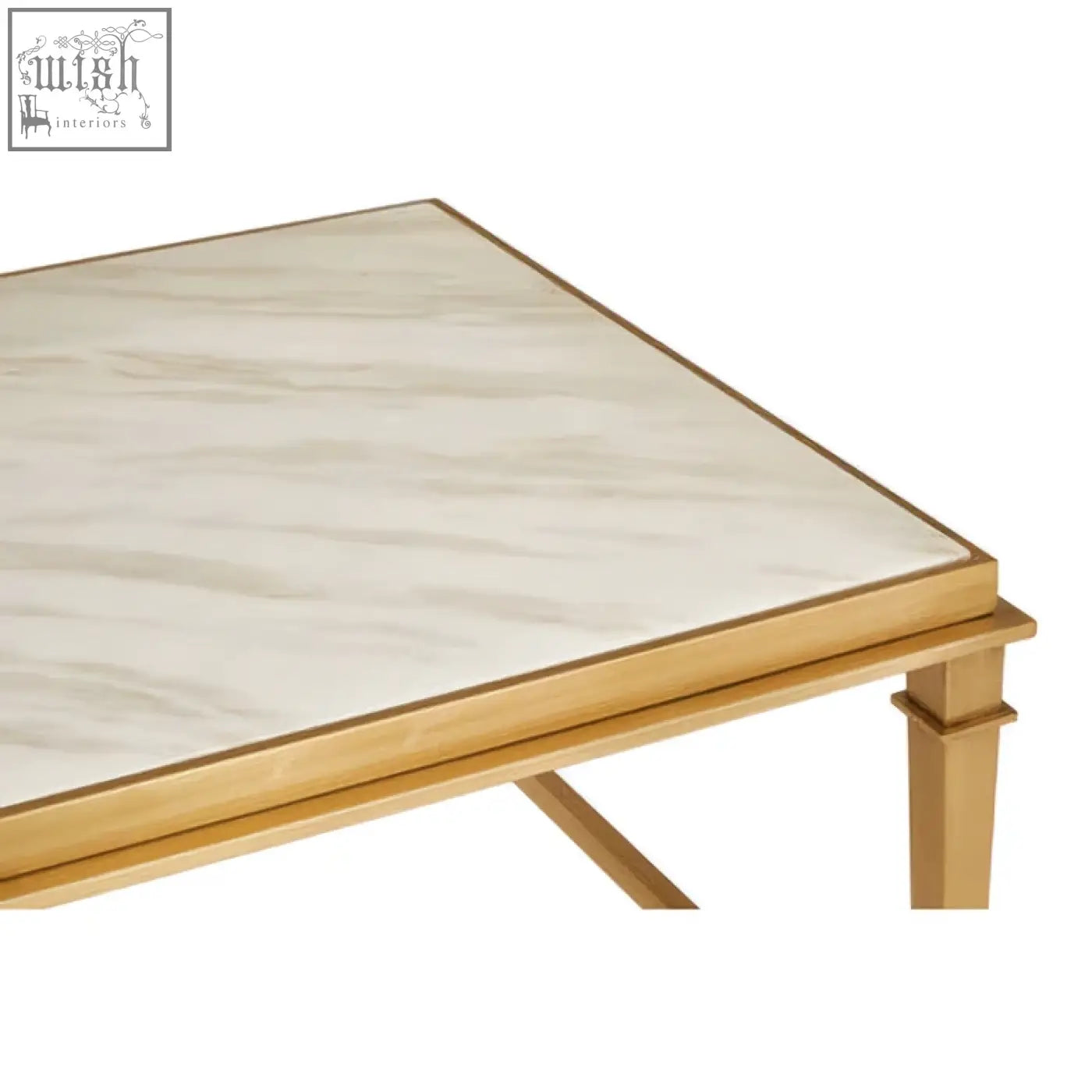 Gold framed alvaro rectangular coffee table with white marble top featuring subtle gray veining