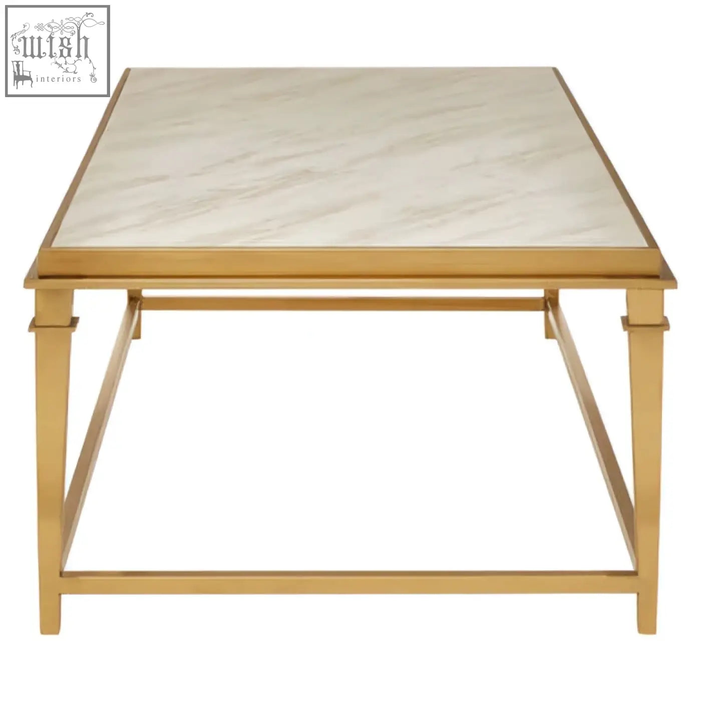 Alvaro rectangular coffee table with gold-finished metal frame and light beige white marble top for stylish living rooms