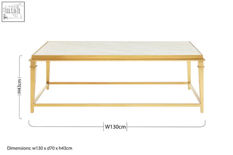 Gold-finished alvaro rectangular coffee table with white marble top and sleek metal frame for modern living rooms