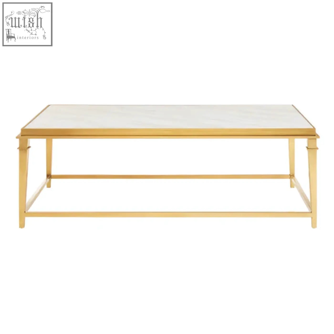 Gold-toned alvaro rectangular coffee table with mirrored top and slender legs in place of white marble surface