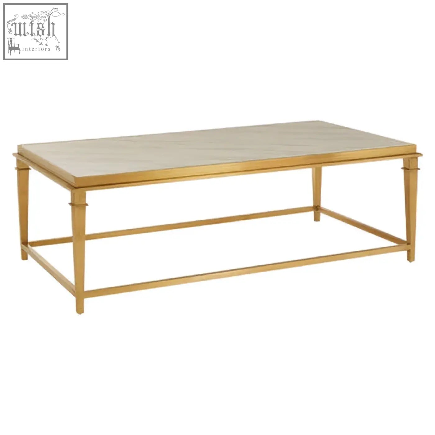 Alvaro rectangular coffee table with gold finish, white marble top, and slender metal legs for stylish living rooms