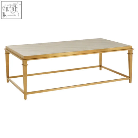 Alvaro rectangular coffee table with gold finish, white marble top, and slender metal legs for stylish living rooms