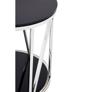 Black glass-top alvaro round chrome finish side table with sleek chrome frame and diagonal support bars
