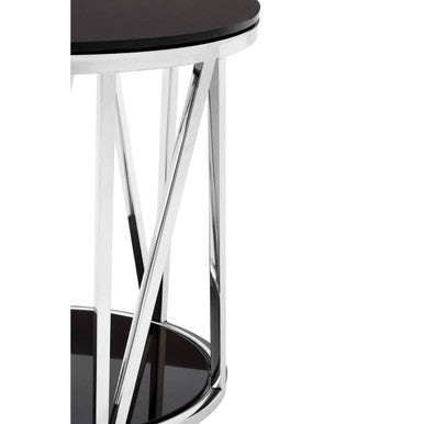 Black glass top alvaro round chrome finish side table with sleek chrome frame and intersecting vertical supports