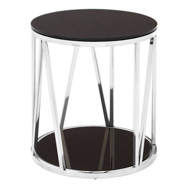 Alvaro round chrome finish side table with a cylindrical chrome frame and black glass top and bottom shelf