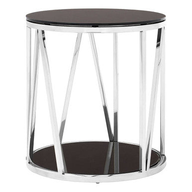 Alvaro round chrome finish side table with black glass top and bottom shelf in a sleek cylindrical design