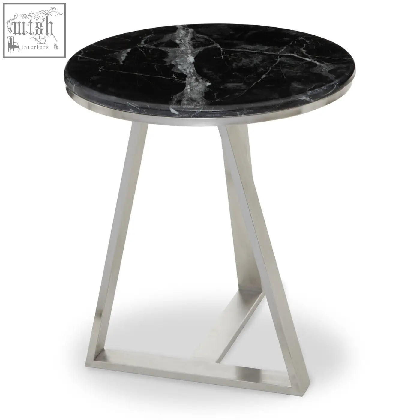 Alvaro round side table with black marble top and silver sledge base featuring sleek angular stainless steel legs