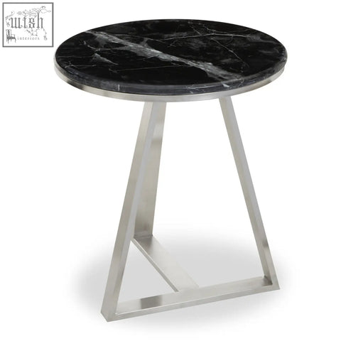Alvaro round side table with black marble top and silver sledge base perfect for stylish living spaces