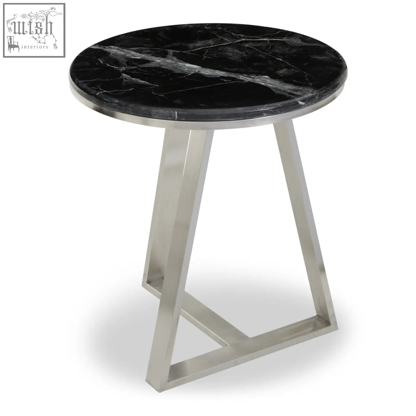 Alvaro round side table with black marble top and silver sledge base in brushed stainless steel frame