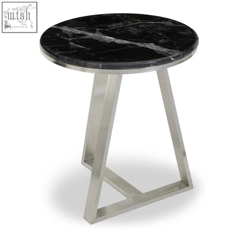 Alvaro round side table with black marble top and silver sledge base in brushed stainless steel frame