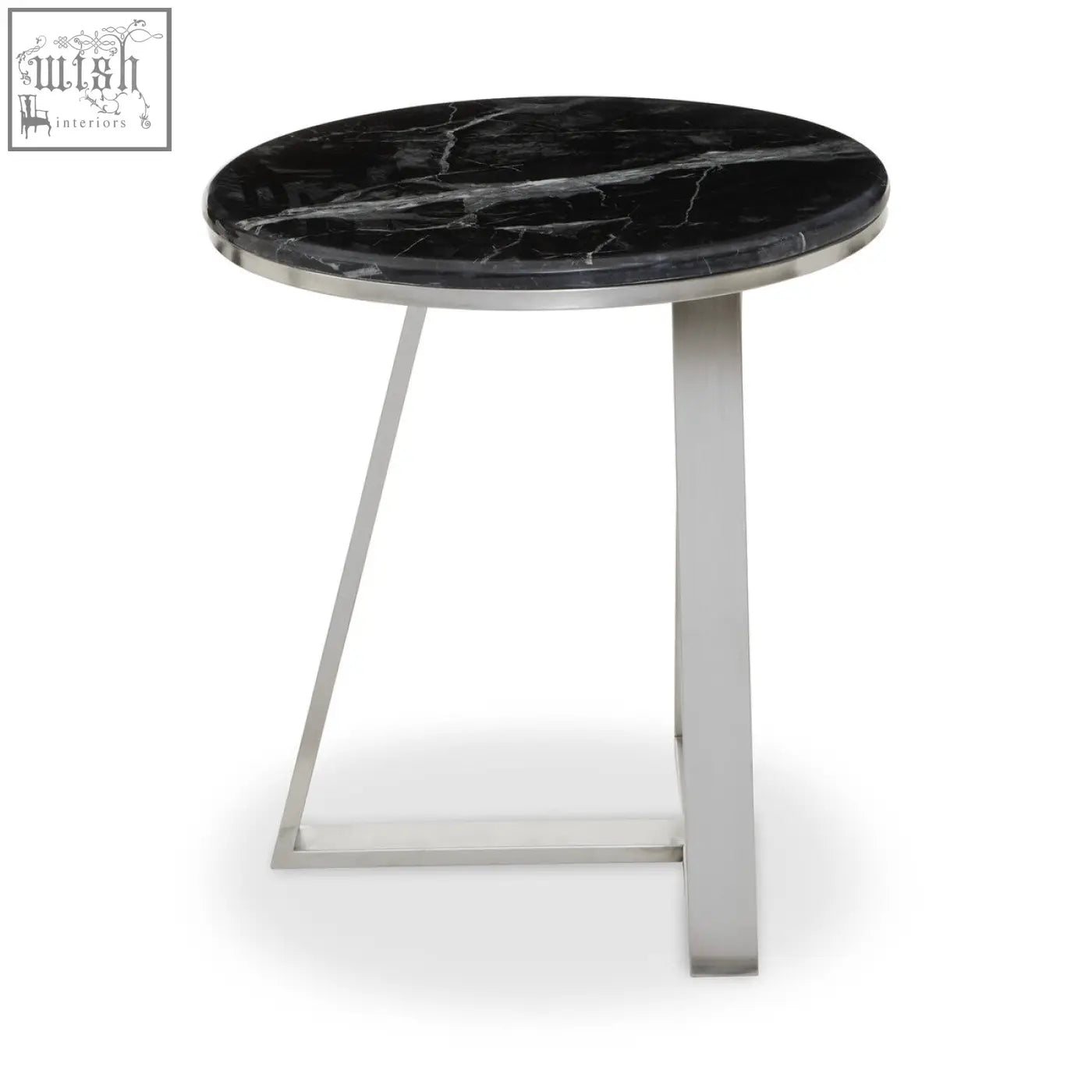Alvaro round side table with black marble top and silver sledge base featuring sleek stainless steel legs