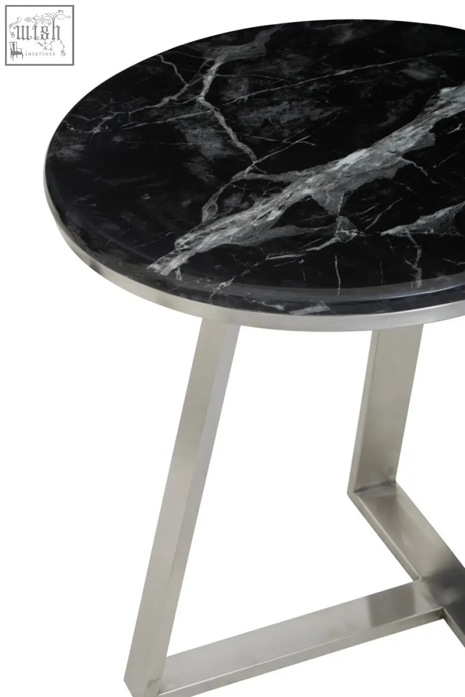 Alvaro round side table with black marble top and silver sledge base featuring sleek polished stainless steel legs