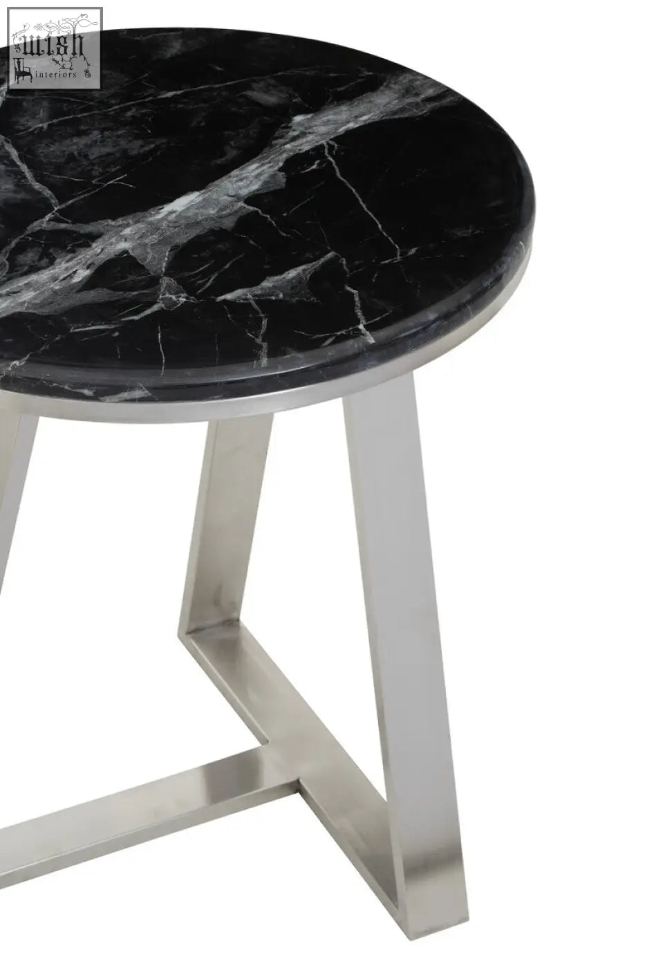 Alvaro round side table with black marble top and silver sledge base in sleek polished stainless steel legs