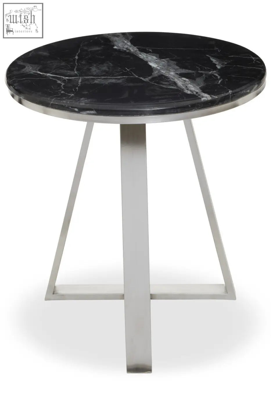 Alvaro round side table with black marble top and silver sledge base featuring polished stainless steel frame and angular legs