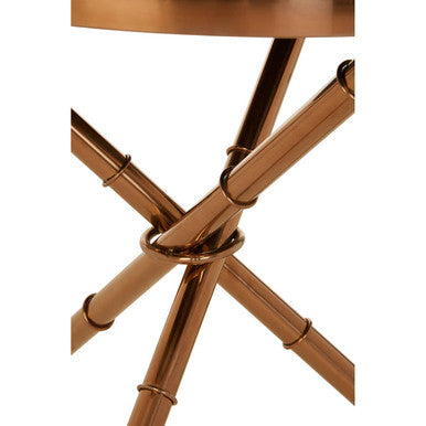 Alvaro round side table with rose gold legs featuring copper-finished bamboo-style design and black glass top