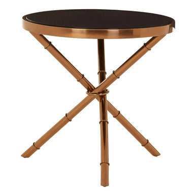Alvaro round side table with rose gold legs and black glass top featuring sleek copper bamboo-style design