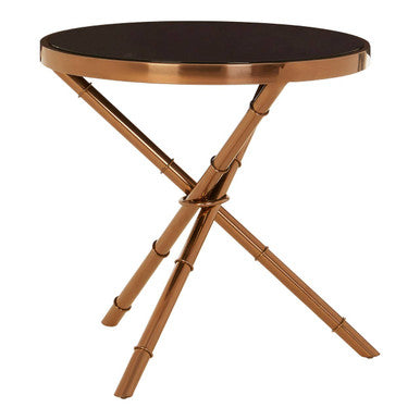 Alvaro round side table with rose gold legs and black glass top featuring sleek bamboo-style design