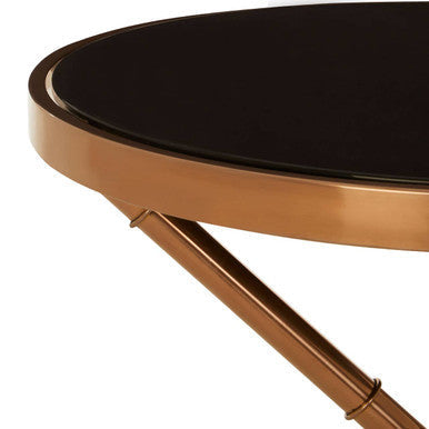 Alvaro round side table with sleek black glass top and rose gold legs metal frame perfect for modern spaces