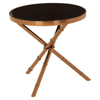 Alvaro round side table with rose gold legs and black glass top featuring bamboo-inspired copper finish